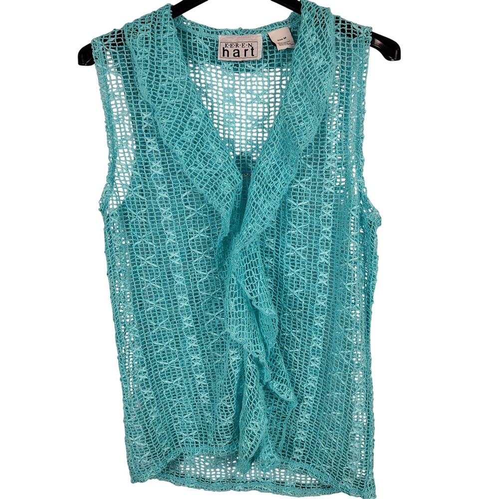 Keren Hart Womens M Crochet Ruffle Vest Turquoise Open Knit Boho Mermaidcore